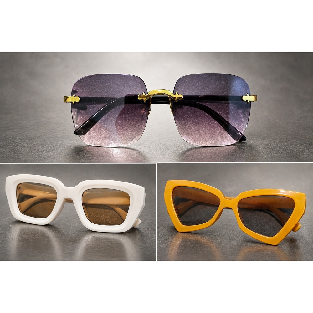 Lot of 3 Sunglasses Rimless White Chunky Rectangle Orange Cat Eye Set Streetwear